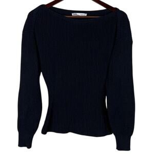 Zara Ribbed Slimming Knit Puff Balloon Long Sleeve Boat Neck Sweater S Navy Blue